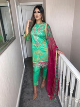 Load image into Gallery viewer, 3 pcs Stitched Spring Green suit Ready to wear lawn summer Wear with chiffon dupatta
