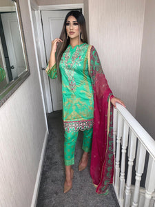 3 pcs Stitched Spring Green suit Ready to wear lawn summer Wear with chiffon dupatta