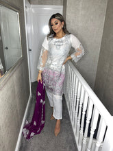 Load image into Gallery viewer, 3pc White net with Silver Embroidery Shalwar Kameez with purple Chiffon Dupatta Ready to wear suit HW-WHITESILVER
