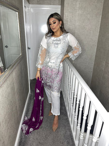 3pc White net with Silver Embroidery Shalwar Kameez with purple Chiffon Dupatta Ready to wear suit HW-WHITESILVER