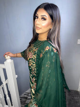 Load image into Gallery viewer, 3pc Dark Green Embroidered suit with chiffon dupatta Embroidered Stitched Suit Ready to wear HW-DARKGREEN
