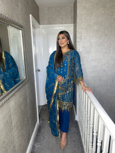 Load image into Gallery viewer, 3pc BLUE Embroidered Shalwar Kameez with Chiffon dupatta Stitched Suit Ready to wear HW-KH067
