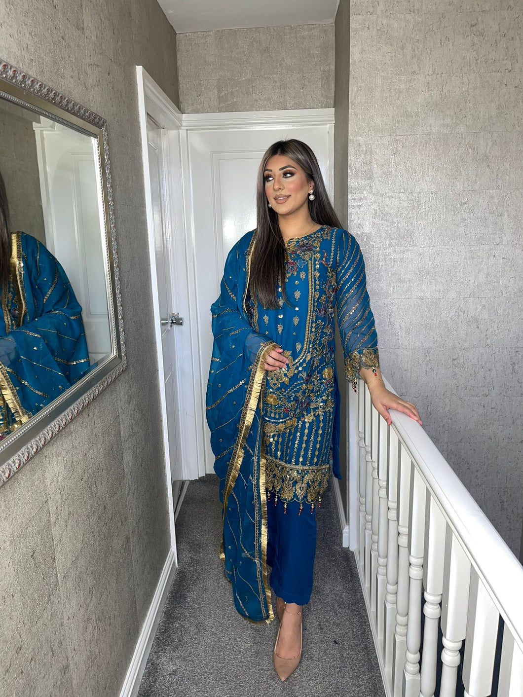 3pc BLUE Embroidered Shalwar Kameez with Chiffon dupatta Stitched Suit Ready to wear HW-KH067