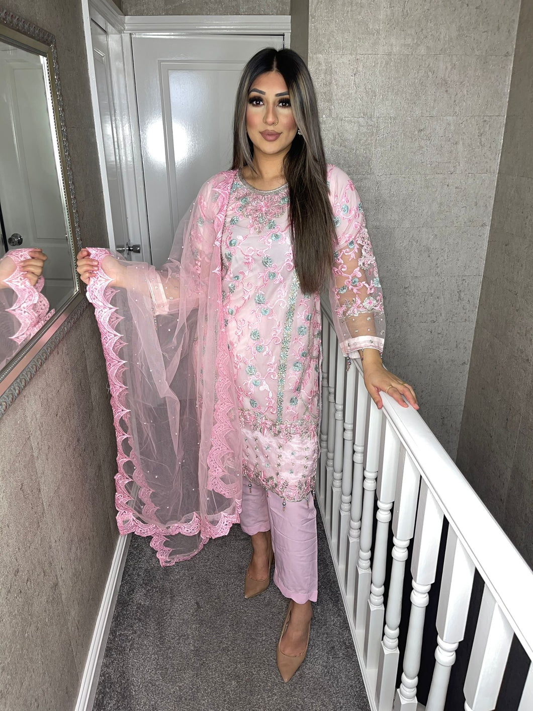 3pc PINK Embroidered Shalwar Kameez with Net dupatta Stitched Suit Ready to wear GC-PINK