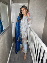 Load image into Gallery viewer, 3pc GREY Embroidered Shalwar Kameez with BLUE Chiffon dupatta Stitched Suit Ready to wear HW-GREYBLUE
