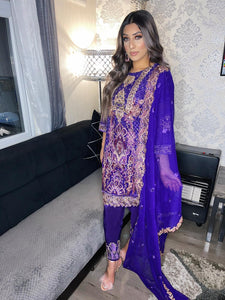 3pc Purple chiffon Embroidered Shalwar Kameez with Chiffon Embroidered Dupatta Stitched Suit Ready to wear PK-PURPLE