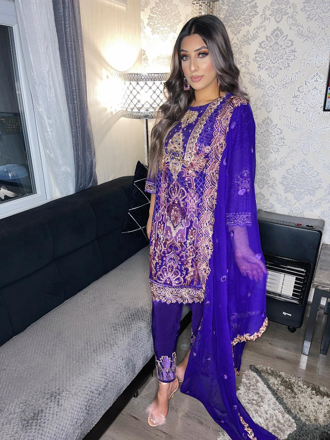 3pc Purple chiffon Embroidered Shalwar Kameez with Chiffon Embroidered Dupatta Stitched Suit Ready to wear PK-PURPLE