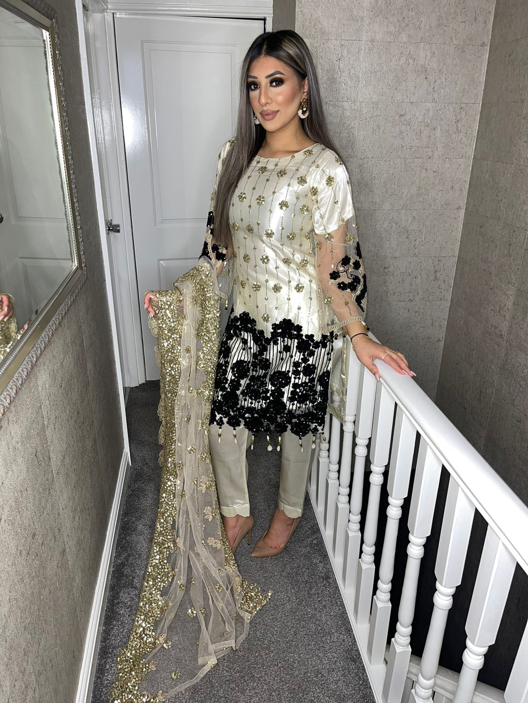 3pc Net WHITE/CREAM Embroidered Shalwar Kameez with Net dupatta Stitched Suit Ready to wear HW-WHITE/CREAM