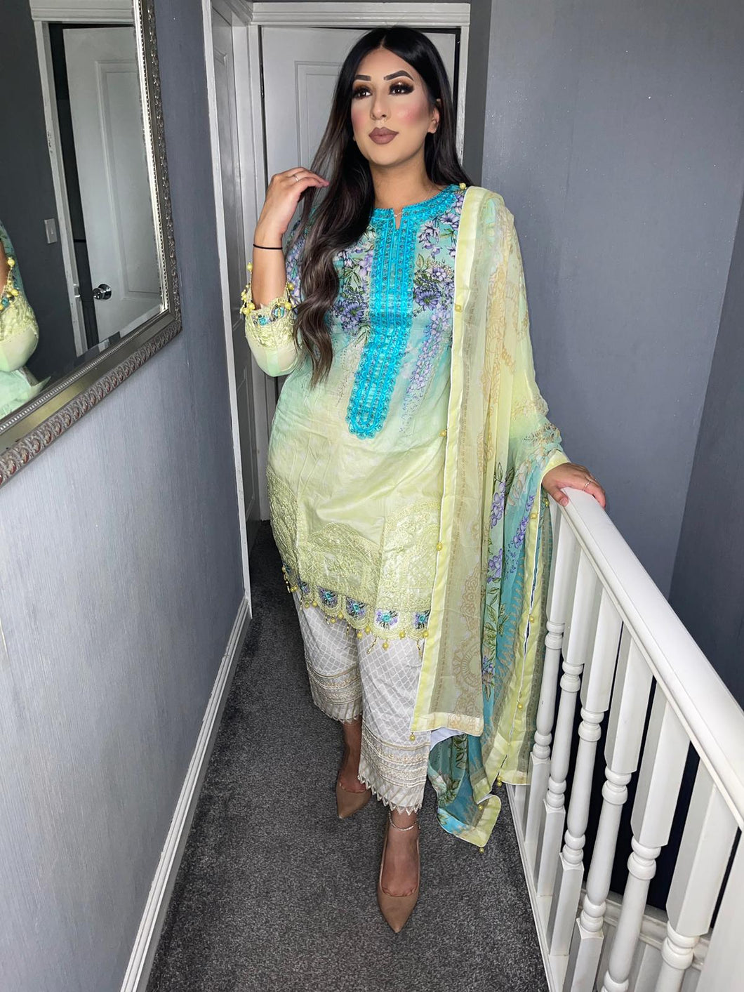 3 pcs Stitched Yellow and White lawn shalwar Suit Ready to Wear with chiffon dupatta MB-2106A