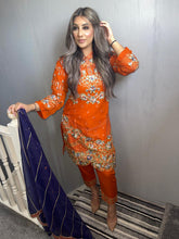Load image into Gallery viewer, 3pc Orange Embroidered Shalwar Kameez with Navy chiffon dupatta Stitched Suit Ready to wear UQ-ORANGNAVY

