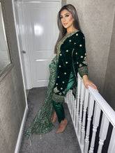 Load image into Gallery viewer, 3pc Green Velvet Embroidered Shalwar Kameez with net Dupatta Stitched Suit Ready to wear JF-GREENVELVET
