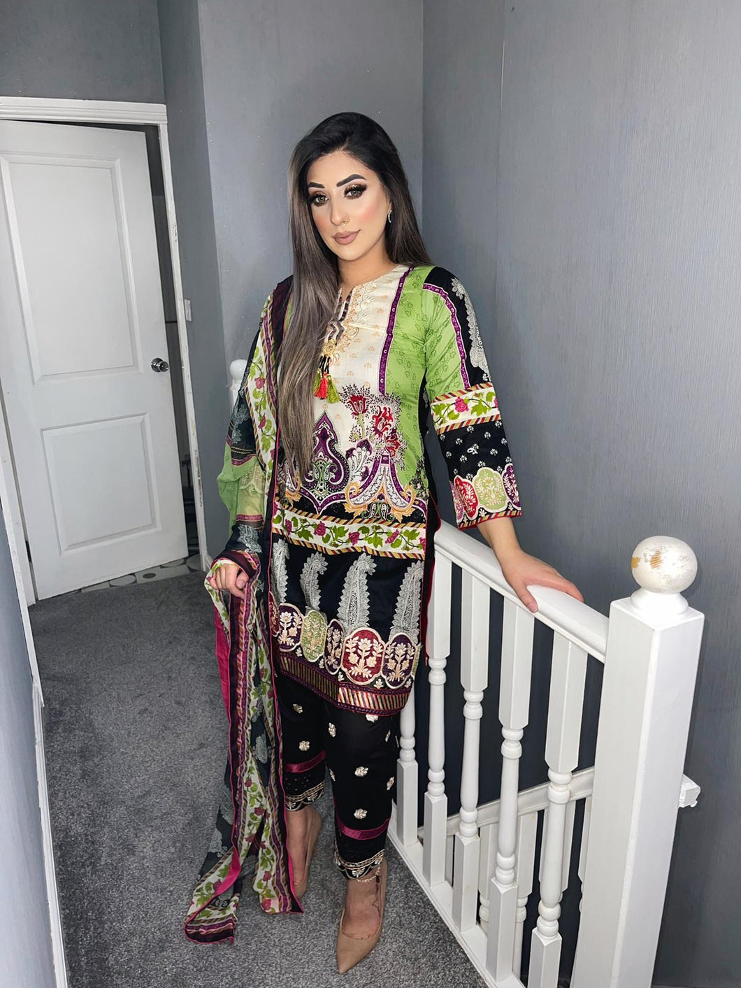 3 pcs Stitched Green and Black lawn shalwar Suit Ready to Wear with chiffon dupatta AA-D04