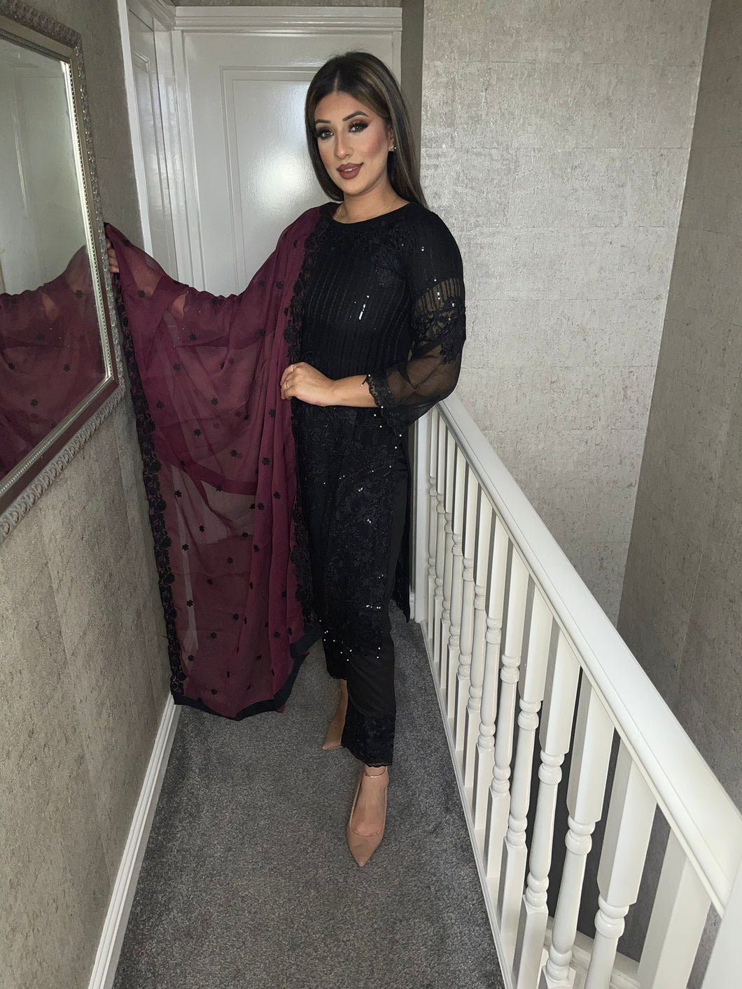 3pc Black with Maroon Chiffon Dupatta Shalwar Kameez Stitched Suit Ready to wear JF-BLACKMAROON