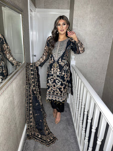 3pc BLACK Embroidered Shalwar Kameez with ORGANZA dupatta Stitched Suit Ready to wear HW-BLACK01