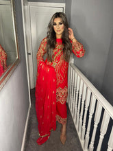 Load image into Gallery viewer, 3pc Red Embroidered Shalwar Kameez with Chiffon dupatta Stitched Suit Ready to wear KA-RED

