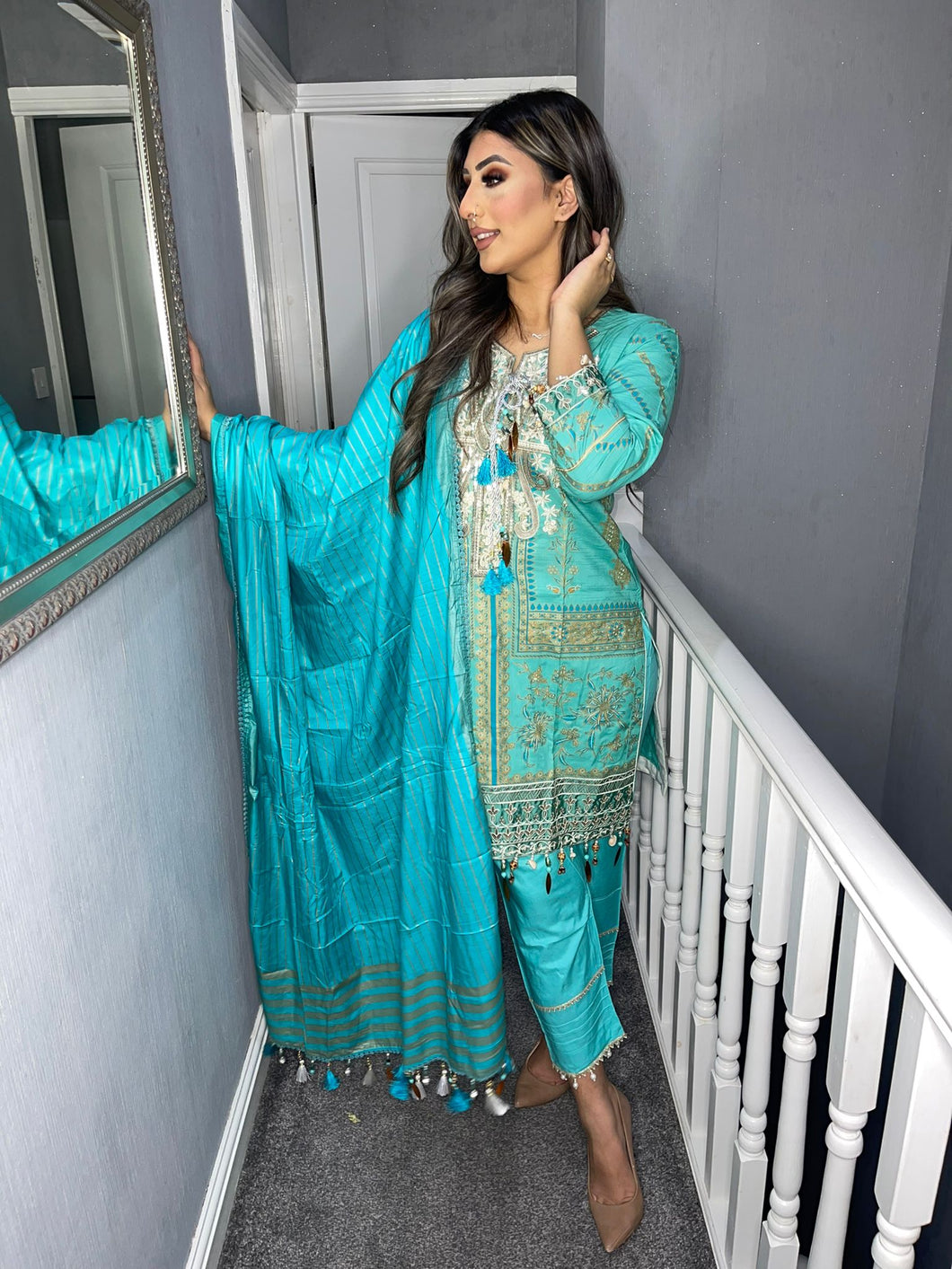 3 pcs Bright Turquoise Lilen shalwar Suit Ready to Wear with Lilen dupatta winter SS-169B