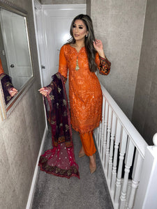 3pc Orange Embroidered Shalwar Kameez with Net dupatta Stitched Suit Ready to wear HW-1748
