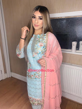 Load image into Gallery viewer, 3pc Light Blue Embroidered Shalwar Kameez with Pink embroidered Dupatta Stitched Suit Ready to wear
