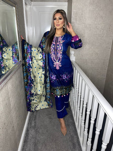 3PC Stitched Midnight Blue shalwar Suit Ready to wear Lilen winter Wear with lilen dupatta FD-100A