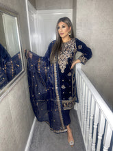 Load image into Gallery viewer, 3pc NAVY Velvet Embroidered Shalwar Kameez Stitched Suit Ready to wear MT-NAVYVELVET
