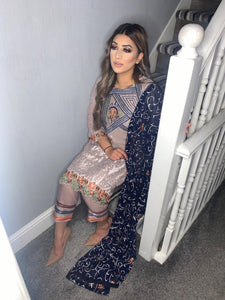 3pc Pale pink Embroidered suit with Blue Chiffon dupatta Embroidered Stitched Suit Ready to wear HR-LightBrown
