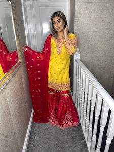 3pc Yellow and Red Ghrara suit with chiffon dupatta Embroidered Stitched Suit Ready to wear YR-GHRARA