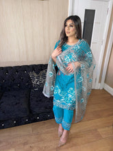 Load image into Gallery viewer, 3pc Blue chiffon Embroidered Shalwar Kameez with Grey Chiffon Dupatta Stitched Suit Ready to wear UQ-BLUEGREY
