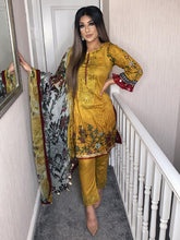 Load image into Gallery viewer, 3 pcs Stitched  Mustard Lawn suit with chiffon Dupatta Ready to wear for summer D-01
