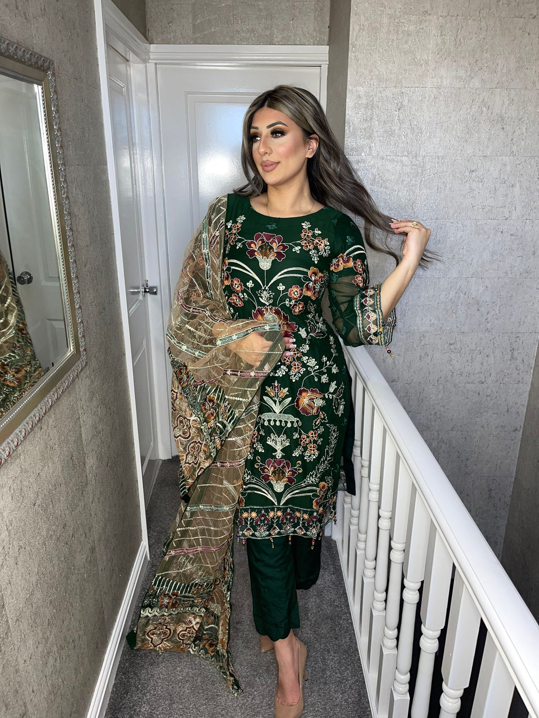 3pc Dark Green Embroidered Shalwar Kameez with Net dupatta Stitched Suit Ready to wear HW-DT84