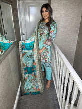 Load image into Gallery viewer, 3 pcs Stitched Baby Blue lawn suit Ready to Wear with chiffon dupatta FD-1011A
