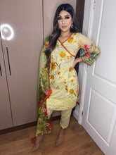Load image into Gallery viewer, 3 pcs Stitched Light Yellow lawn shalwar Suit Ready to Wear with chiffon dupatta CH-04A
