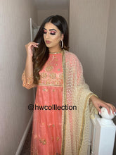 Load image into Gallery viewer, 3pc Embroidered Pink frock with gold trouser and dupatta Net Shalwar Kameez Stitched Suit Ready to wear
