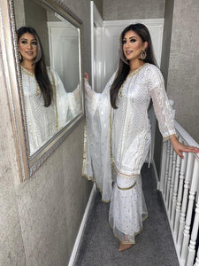 3pc WHITE GHRARA Embroidered Shalwar Kameez with Chiffon dupatta Stitched Suit Ready to wear HW-WHITE9MM