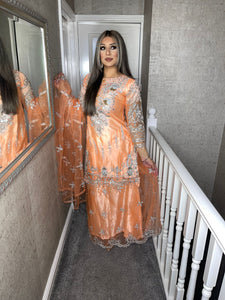 3pc PEACH ORANGE Embroidered LEHENGA Shalwar Kameez with Chiffon dupatta Stitched Suit Ready to wear HW-DT92