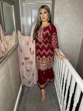 Load image into Gallery viewer, 3pc MAROON Shrara suit with pink chiffon dupatta Embroidered Stitched Suit Ready to wear JF-MAROONSHRARA
