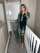 Load image into Gallery viewer, 3pc Green Velvet Embroidered Shalwar Kameez Stitched Suit Ready to wear HW-GREENVELVET
