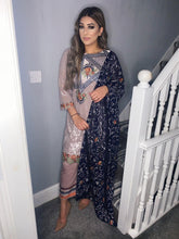 Load image into Gallery viewer, 3pc Pale pink Embroidered suit with Blue Chiffon dupatta Embroidered Stitched Suit Ready to wear HR-LightBrown
