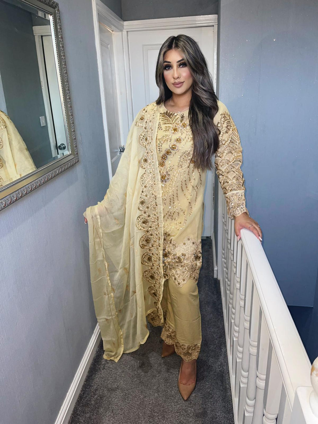 3pc Gold Embroidered Shalwar Kameez with Chiffon dupatta Stitched Suit Ready to wear KHA-GOLD