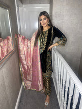 Load image into Gallery viewer, 3pc BLACK Velvet Embroidered Shalwar Kameez Stitched Suit Ready to wear MT-BLACKVELVET
