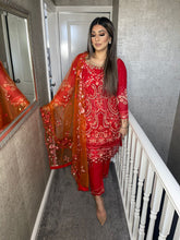 Load image into Gallery viewer, 3pc RED Embroidered Shalwar Kameez with NET dupatta Stitched Suit Ready to wear HW-1876
