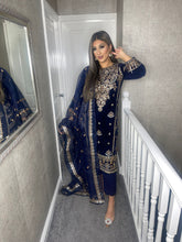 Load image into Gallery viewer, 3pc NAVY Velvet Embroidered Shalwar Kameez Stitched Suit Ready to wear MT-NAVYVELVET
