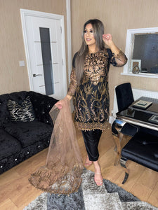 3PC Net BLACK Embroidered suit with Net dupatta Stitched Ready to wear HR-BLACK