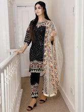 Load image into Gallery viewer, 3pc Black chiffon Embroidered Shalwar Kameez with Net Embroidered Dupatta Stitched Suit Ready to wear KH-BLACK
