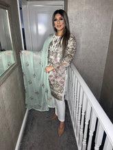 Load image into Gallery viewer, 3pc WHITE Embroidered Shalwar Kameez with MINT Chiffon dupatta Stitched Suit Ready to wear HW-WHITEMINT
