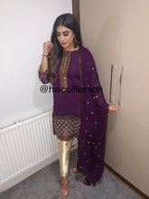 Load image into Gallery viewer, 3pc purple Embroidered with Gold trouser Shalwar Kameez Stitched Suit Ready to wear
