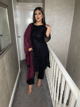 Load image into Gallery viewer, 3pc Black with Maroon Chiffon Dupatta Shalwar Kameez Stitched Suit Ready to wear JF-BLACKMAROON
