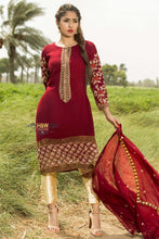 Load image into Gallery viewer, 3pc Maroon Embroidered with Gold trouser Shalwar Kameez Stitched Suit Ready to wear
