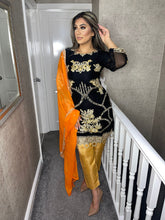 Load image into Gallery viewer, 3pc Black Chiffon Embroidered Shalwar Kameez with Orange Chiffon Dupatta Ready to wear suit UQ-BLACKORANGE
