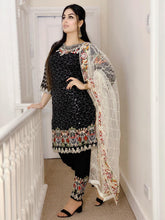 Load image into Gallery viewer, 3pc Black chiffon Embroidered Shalwar Kameez with Net Embroidered Dupatta Stitched Suit Ready to wear KH-BLACK
