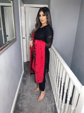 Load image into Gallery viewer, 3pc Black with Red Embroidered Dupatta Shalwar Kameez Stitched Suit Ready to wear AN-BLACKRED
